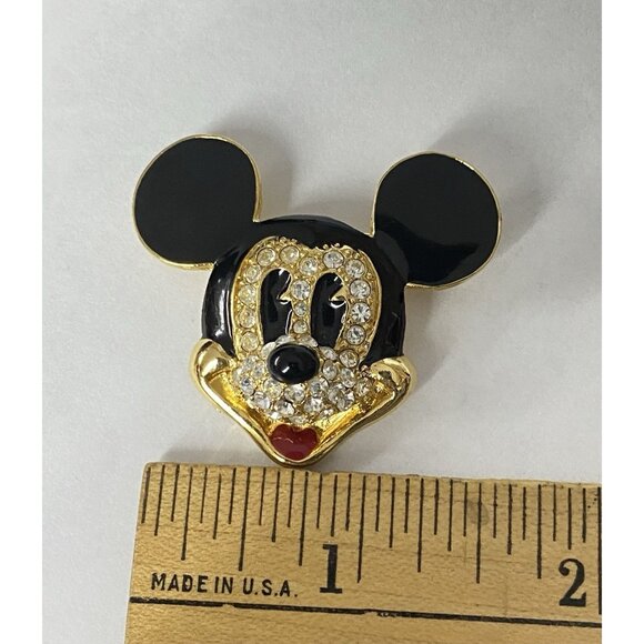 Crystal Enamel Mickey Head Brooch Signed Disney Vintage - Picture 2 of 6